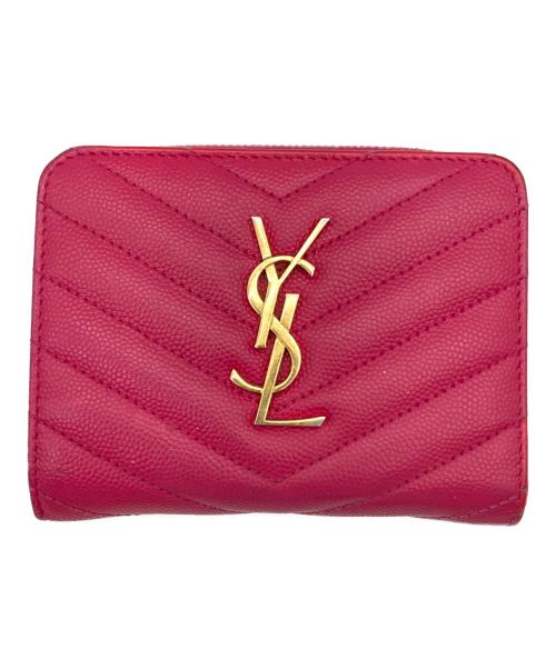 Saint Laurent Paris（サンローランパリ）Saint Laurent Paris (サンローランパリ) Grain De Poudre Matelasse Chevron Compact Zip Wallet ピンクの古着・服飾アイテム