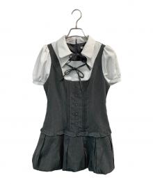 rilly emulie（リリーエミュリ）の古着「Double Ribbon Ballon Pleats Onepiece」｜グレー×ホワイト