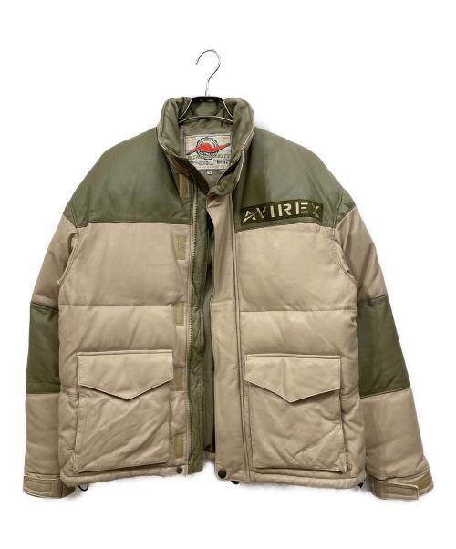 AVIREX（アヴィレックス）AVIREX (アヴィレックス) ラムレザーダウンジャケット ベージュ×グリーン サイズ:Mの古着・服飾アイテム