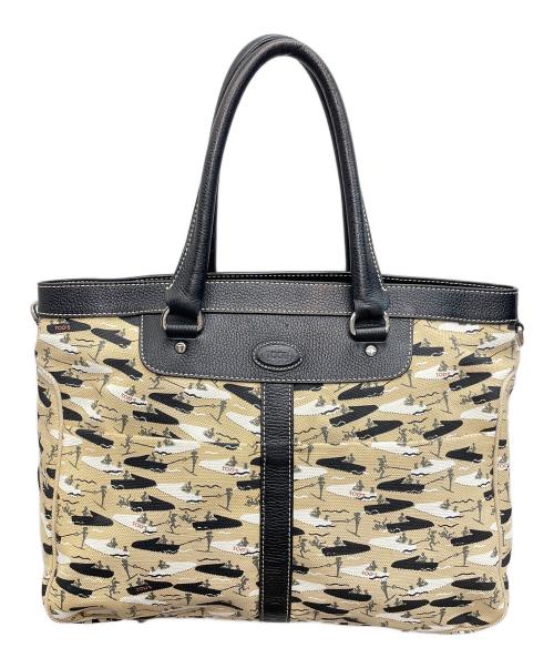 TOD'S（トッズ）TOD'S (トッズ) ボートウォータースキー プリントキャンバス トート ベージュ×ブラックの古着・服飾アイテム