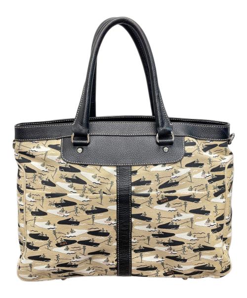 TOD'S（トッズ）TOD'S (トッズ) ボートウォータースキー プリントキャンバス トート ベージュ×ブラックの古着・服飾アイテム