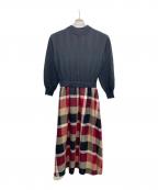 BLUE LABEL CRESTBRIDGEブルーレーベルクレストブリッジ）の古着「クレストブリッジチェック エアリーツイル ニットコンビ マキシワンピース」｜ブラック×レッド