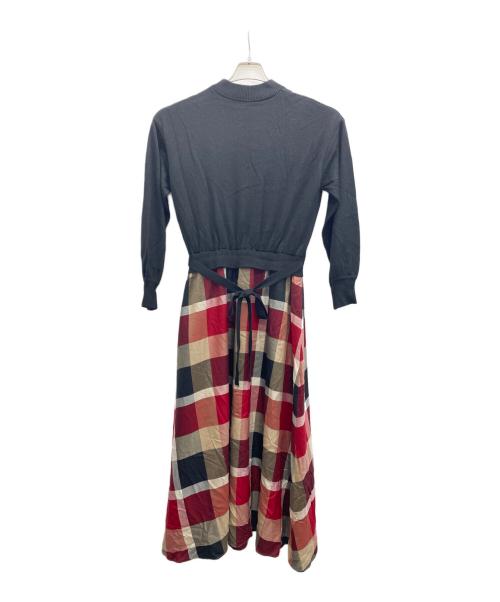 BLUE LABEL CRESTBRIDGE（ブルーレーベルクレストブリッジ）BLUE LABEL CRESTBRIDGE (ブルーレーベルクレストブリッジ) クレストブリッジチェック エアリーツイル ニットコンビ マキシワンピース ブラック×レッド サイズ:38の古着・服飾アイテム