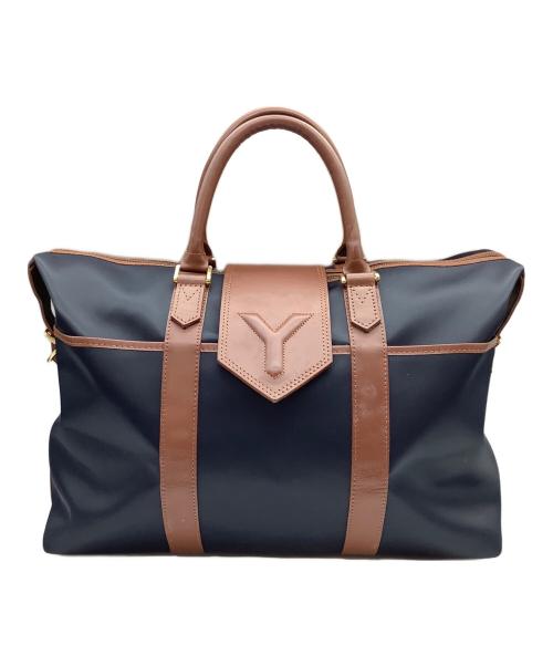 Yves Saint Laurent（イヴサンローラン）Yves Saint Laurent (イヴサンローラン) Yロゴ フラップ ナイロン×レザー ボストンバッグ ブルー×ブラウンの古着・服飾アイテム