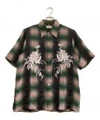 BED J.W. FORDベッドフォード）の古着「半袖刺繍シャツ」｜グリーン×ブラック