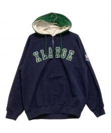X-LARGE（エクストララージ）の古着「ハーフジップパーカー　ロゴ刺繍」｜ネイビー×グリーン