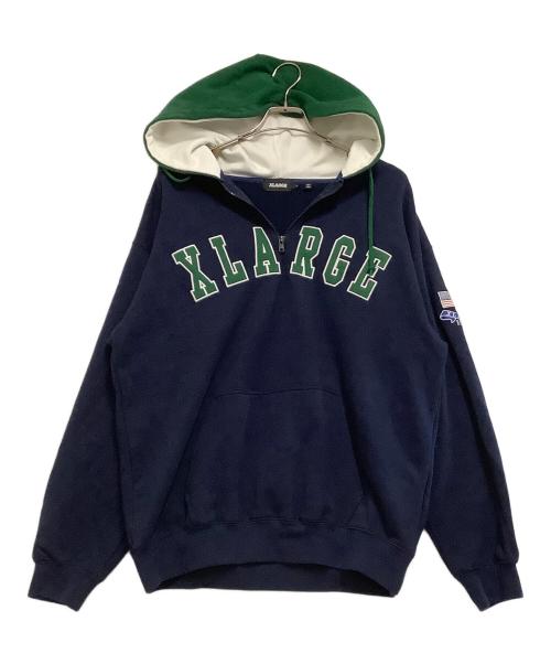X-LARGE（エクストララージ）X-LARGE (エクストララージ) ハーフジップパーカー　ロゴ刺繍 ネイビー×グリーン サイズ:Lの古着・服飾アイテム