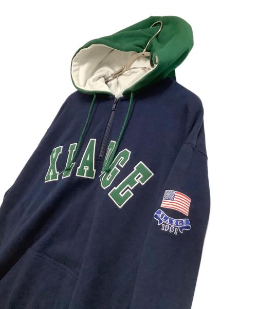 X-LARGE（エクストララージ）X-LARGE (エクストララージ) ハーフジップパーカー　ロゴ刺繍 ネイビー×グリーン サイズ:Lの古着・服飾アイテム