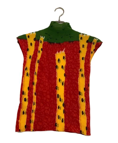 ISSEY MIYAKE me（イッセイ ミヤケ ミー）ISSEY MIYAKE me (イッセイ ミヤケ ミー) プリーツカットソー グリーン×レッド サイズ:freeの古着・服飾アイテム