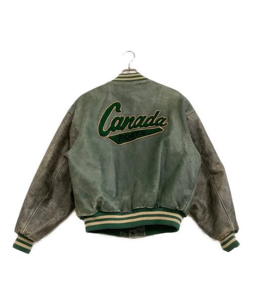 Roots（ルーツ）Roots (ルーツ) 刺繍ワッペンオールレザースタジャン グリーン×グレー サイズ:Lの古着・服飾アイテム