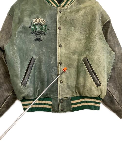 Roots（ルーツ）Roots (ルーツ) 刺繍ワッペンオールレザースタジャン グリーン×グレー サイズ:Lの古着・服飾アイテム