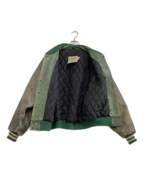 Roots（ルーツ）Roots (ルーツ) 刺繍ワッペンオールレザースタジャン グリーン×グレー サイズ:Lの古着・服飾アイテム