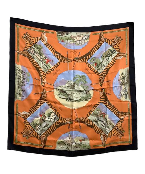 HERMES（エルメス）HERMES (エルメス) 大判スカーフ カレ90/La Chasse en Afrique オレンジ×ブラックの古着・服飾アイテム