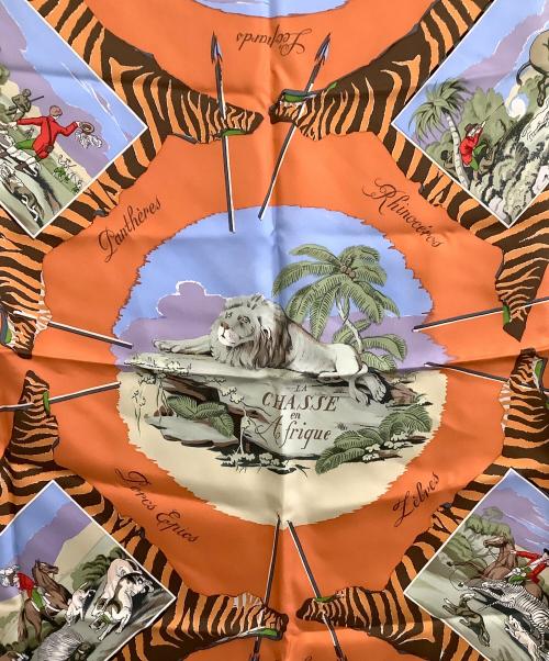 HERMES（エルメス）HERMES (エルメス) 大判スカーフ カレ90/La Chasse en Afrique オレンジ×ブラックの古着・服飾アイテム