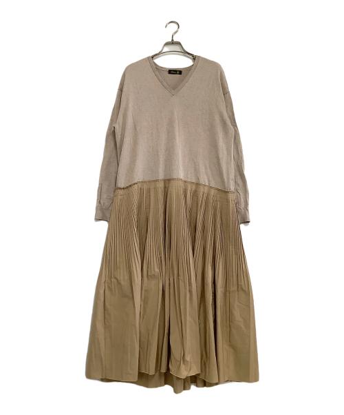 DRAWER（ドゥロワー）DRAWER (ドゥロワー) 長袖ワンピース　14Gコットン ニット ドッキング プリーツワンピース ベージュ サイズ:表記なしの古着・服飾アイテム