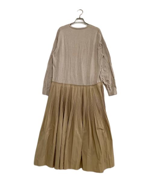 DRAWER（ドゥロワー）DRAWER (ドゥロワー) 長袖ワンピース　14Gコットン ニット ドッキング プリーツワンピース ベージュ サイズ:表記なしの古着・服飾アイテム