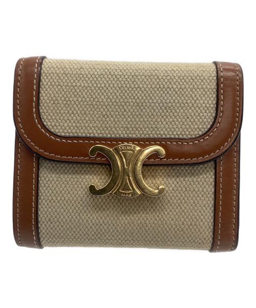 CELINE（セリーヌ）CELINE (セリーヌ) 3つ折り財布　スモール フラップウォレット トリオンフ ベージュ×ブラウンの古着・服飾アイテム