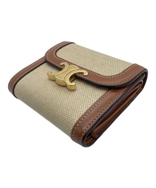 CELINE（セリーヌ）CELINE (セリーヌ) 3つ折り財布　スモール フラップウォレット トリオンフ ベージュ×ブラウンの古着・服飾アイテム