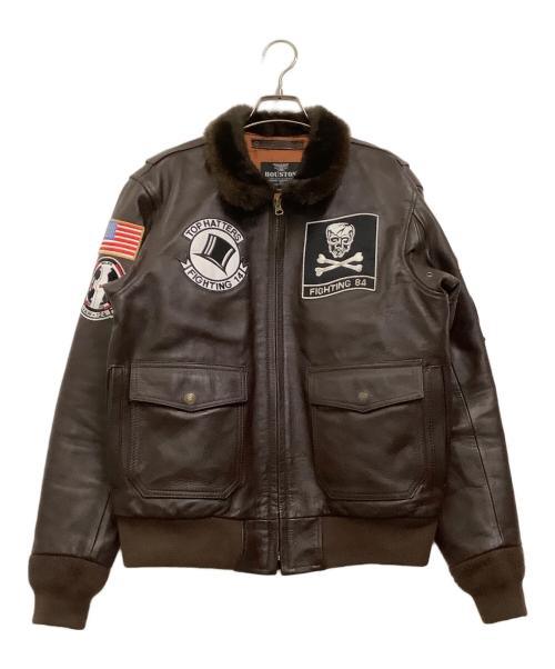 HOUSTON（ヒューストン）HOUSTON (ヒューストン) レザージャケット　ワッペン ブラウン サイズ:Lの古着・服飾アイテム