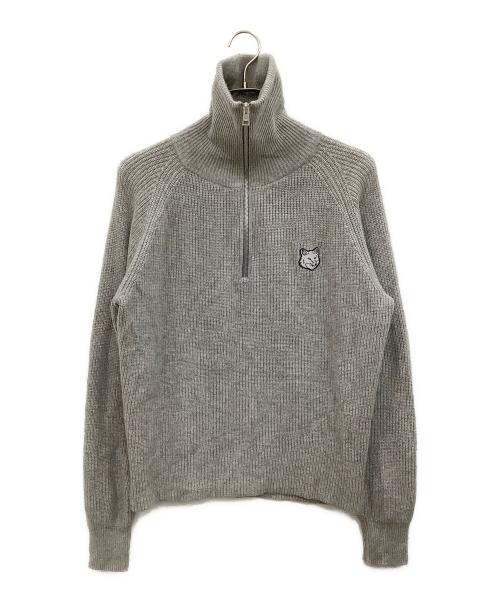 maison kitsune（メゾンキツネ）maison kitsune (メゾンキツネ) ボールドフォックスヘッド ハーフジップニット グレー サイズ:XSの古着・服飾アイテム