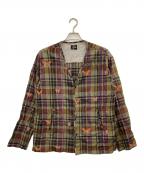 Needlesニードルズ）の古着「V-Neck Cardigan Embroidered Madras Plaid」｜カーキ×パープル