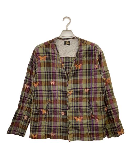 Needles（ニードルズ）Needles (ニードルズ) V-Neck Cardigan Embroidered Madras Plaid カーキ×パープル サイズ:Mの古着・服飾アイテム