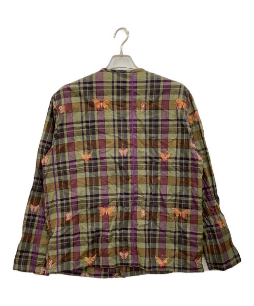 Needles（ニードルズ）Needles (ニードルズ) V-Neck Cardigan Embroidered Madras Plaid カーキ×パープル サイズ:Mの古着・服飾アイテム