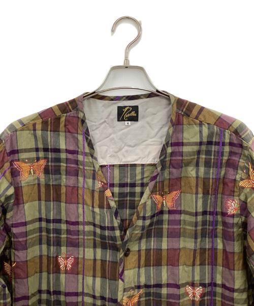 Needles（ニードルズ）Needles (ニードルズ) V-Neck Cardigan Embroidered Madras Plaid カーキ×パープル サイズ:Mの古着・服飾アイテム
