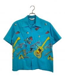 Star OF HOLLYWOOD（スターオブハリウッド）の古着「半袖COTTON TYPEWRITER OPEN SHIRT “ROCK 'N' ROLL GUITAR”」｜ターコイズブルー
