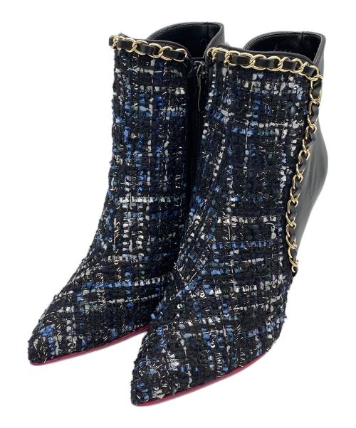 DIANA（ダイアナ）DIANA (ダイアナ) クロスマルチツイードクロスムース ブーツ ブラック×ゴールド サイズ:SIZE 22cmの古着・服飾アイテム