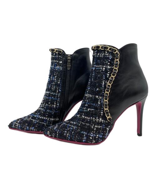 DIANA（ダイアナ）DIANA (ダイアナ) クロスマルチツイードクロスムース ブーツ ブラック×ゴールド サイズ:SIZE 22cmの古着・服飾アイテム