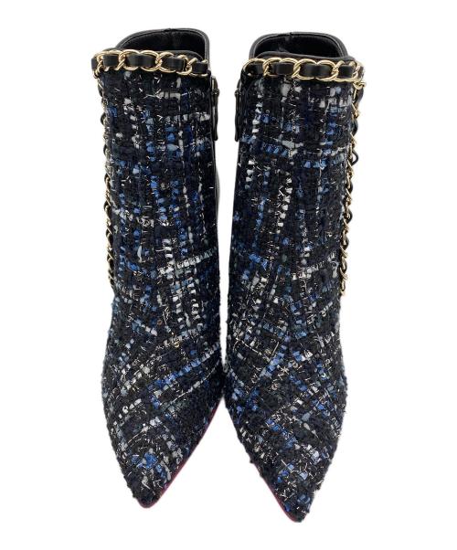 DIANA（ダイアナ）DIANA (ダイアナ) クロスマルチツイードクロスムース ブーツ ブラック×ゴールド サイズ:SIZE 22cmの古着・服飾アイテム