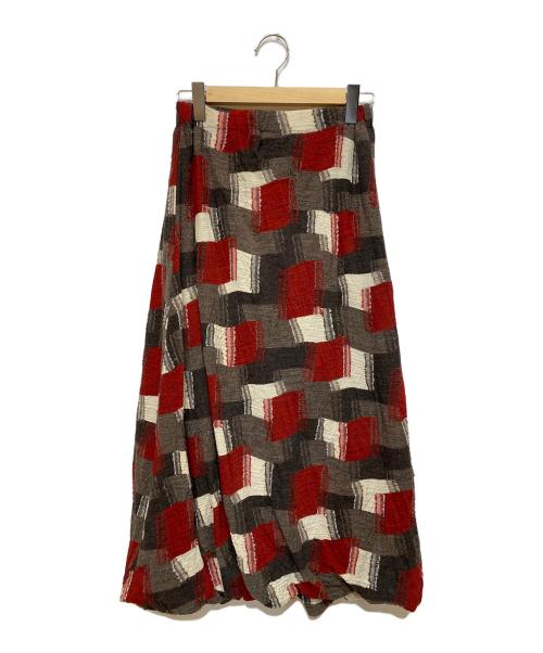 芽風（メフウ）芽風 (メフウ) ウール バルーンスカート レッド×ブラウン サイズ:SIZE 38の古着・服飾アイテム