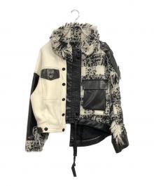 AULA（オーラ）の古着「リメイクアシンメトリーチェックブルゾン」｜ホワイト×ブラック