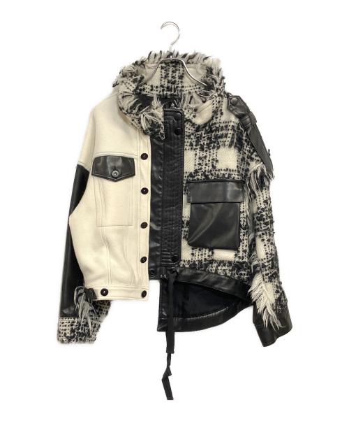 AULA（オーラ）AULA (オーラ) リメイクアシンメトリーチェックブルゾン ホワイト×ブラック サイズ:SIZE 0の古着・服飾アイテム