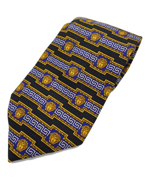 VERSACE（ヴェルサーチェ）VERSACE (ヴェルサーチェ) 90-00s メドゥーサ・グレカ ネクタイ ブラック×ブルー サイズ:Freeの古着・服飾アイテム
