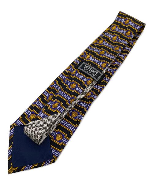 VERSACE（ヴェルサーチェ）VERSACE (ヴェルサーチェ) 90-00s メドゥーサ・グレカ ネクタイ ブラック×ブルー サイズ:Freeの古着・服飾アイテム