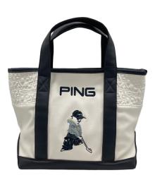 PiNG（ピン）の古着「ラウンドトートバッグ」｜ホワイト×ネイビー