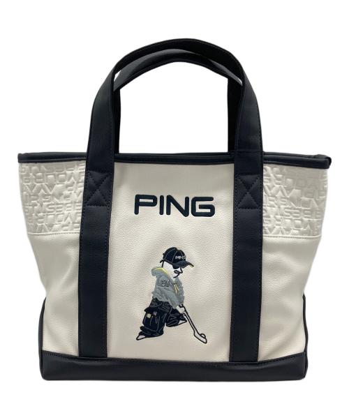 PiNG（ピン）PiNG (ピン) ラウンドトートバッグ ホワイト×ネイビー 未使用品の古着・服飾アイテム
