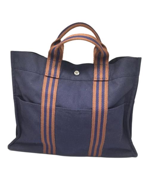 HERMES（エルメス）HERMES (エルメス) キャンバストートバッグ 	ネイビー×ブラウン ネイビー×ブラウンの古着・服飾アイテム
