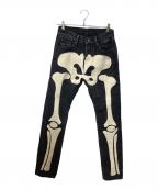 mnmlミニマル）の古着「スカルボーンデニムパンツ」｜ブラック