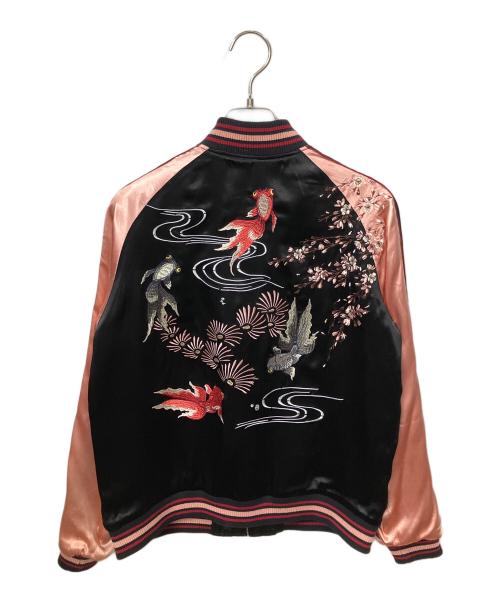 花旅楽団（ハナタビガクダン）花旅楽団 (ハナタビガクダン) 桜と鯉刺繍スカジャン ピンク×ブラック サイズ:Mの古着・服飾アイテム