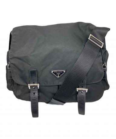 時限早い者勝ち特価 Prada ベルトロゴ刺繍 ブラック メッセンジャーバック 中古・古着通販】PRADA (プラダ) メッセンジャーバッグ ブラック