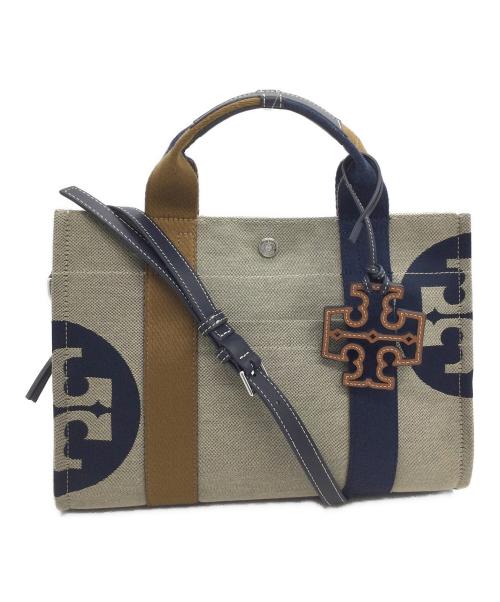 TORY BURCH（トリーバーチ）TORY BURCH (トリーバーチ) キャンバス×レザー 2wayハンドバッグ ベージュ×ネイビーの古着・服飾アイテム