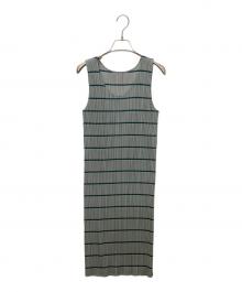 PLEATS PLEASE ISSEY MIYAKE（プリーツプリーズ イッセイミヤケ）の古着「ボーダー ノースリーブプリーツワンピース」｜グレー×グリーン