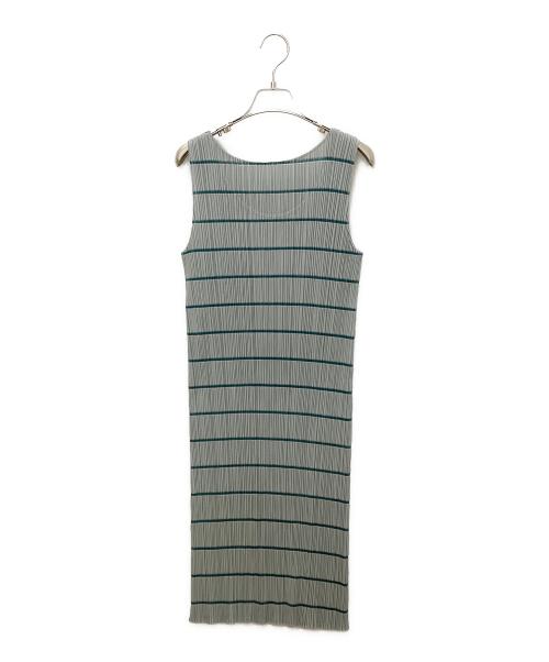 PLEATS PLEASE ISSEY MIYAKE（プリーツプリーズ イッセイミヤケ）PLEATS PLEASE ISSEY MIYAKE (プリーツプリーズ イッセイミヤケ) ボーダー ノースリーブプリーツワンピース グレー×グリーン サイズ:size 4の古着・服飾アイテム