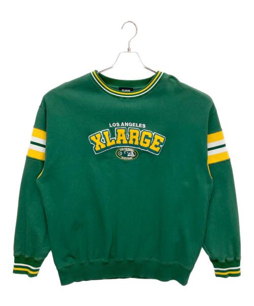 X-LARGE（エクストララージ）X-LARGE (エクストララージ) 101223012007　STRIPED SLEEVE TEAM LOGO CREWNECK SWEAT グリーン×イエロー サイズ:XLの古着・服飾アイテム