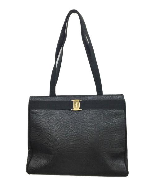 Salvatore Ferragamo（サルヴァトーレ フェラガモ）Salvatore Ferragamo (サルヴァトーレ フェラガモ) 型押しトートバッグ ブラック×ゴールドの古着・服飾アイテム