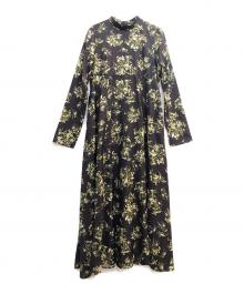 Ample（アンプル）の古着「ボタニカルプリントバックオープンワンピース」｜ブラック×グリーン