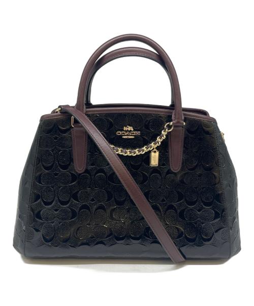 COACH（コーチ）COACH (コーチ) COACH  デボスド シグネチャー パテントレザー スモールマーゴット キャリーオール 2WAYバッグ ブラウン×ブラックの古着・服飾アイテム